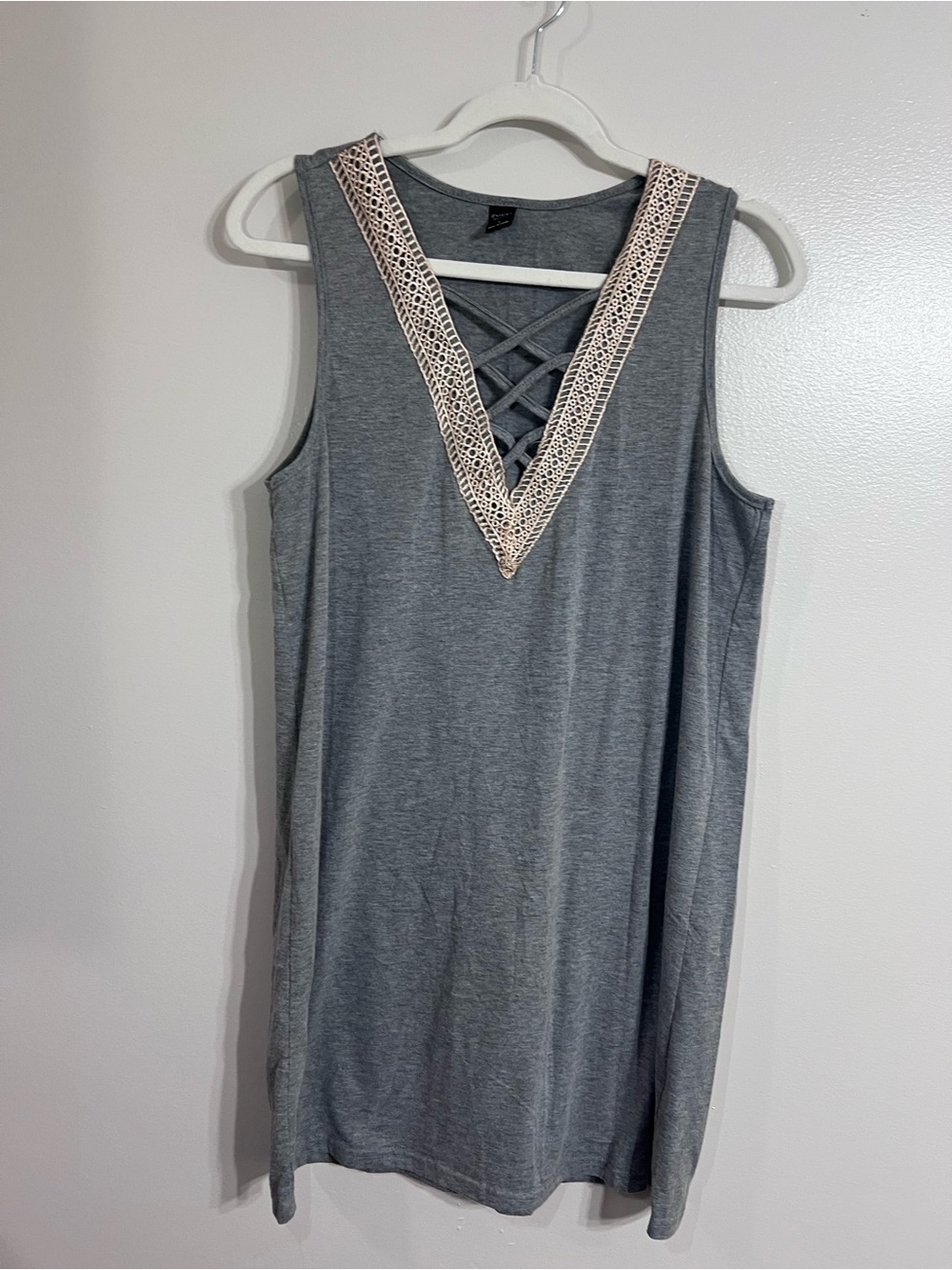 Grey Sleeveless V-Neck Dress with Lace Trim